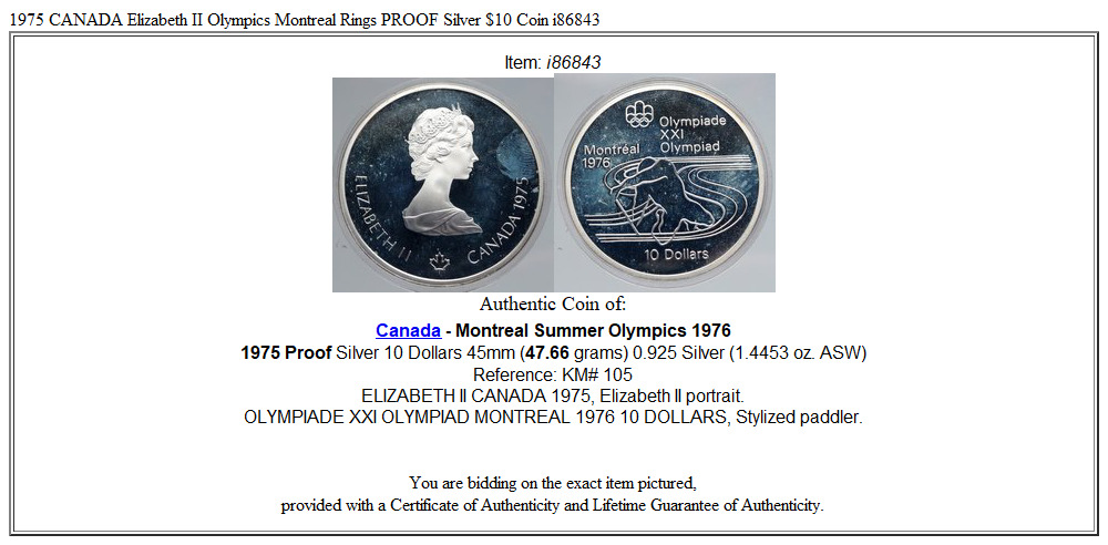 1975 CANADA Elizabeth II Olympics Montreal Rings PROOF Silver $10 Coin i86843