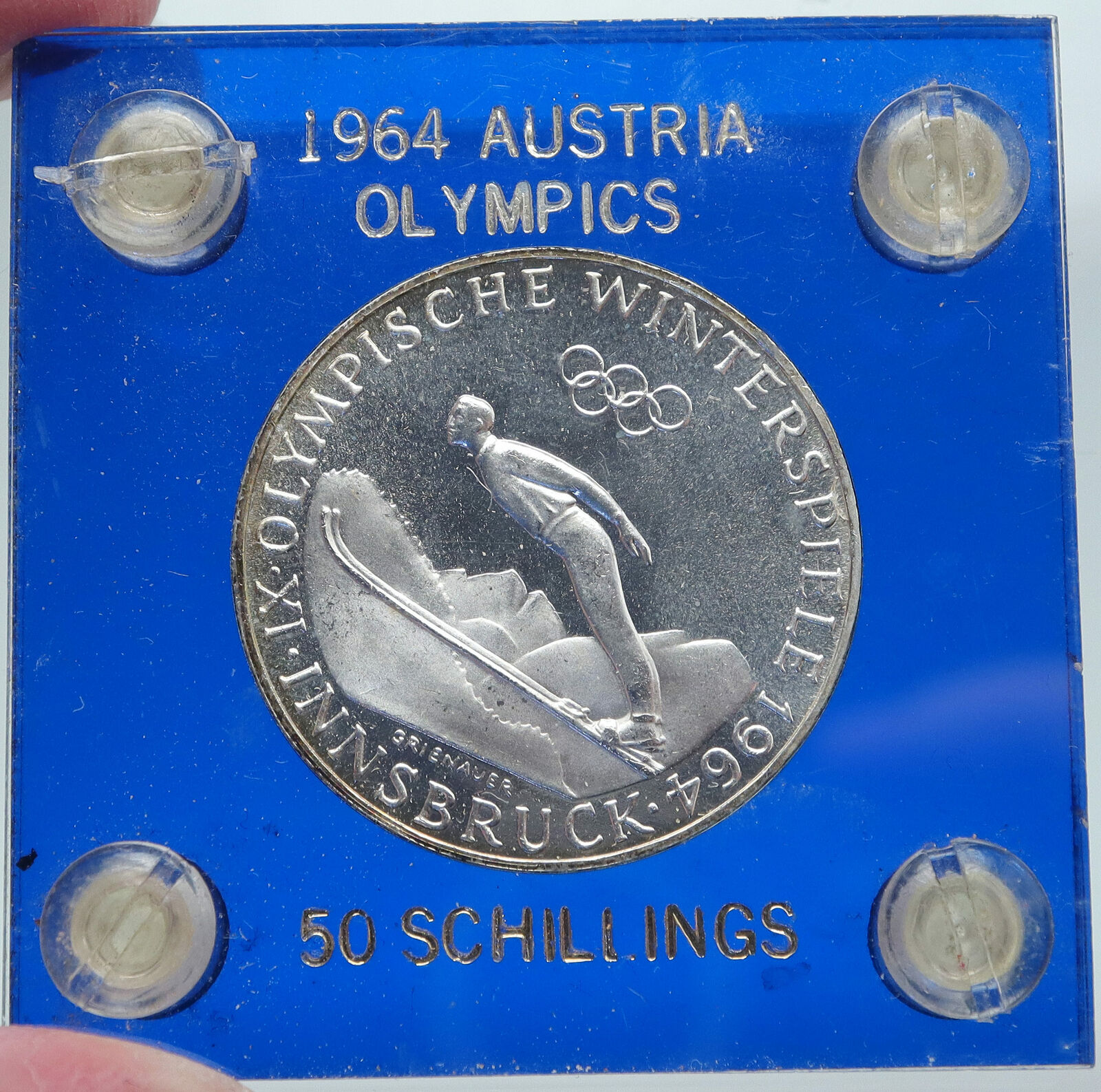 1964 AUSTRIA Innsbruck Winter Olympic Games SKIING OLD Silver 50Shlg Coin i86933