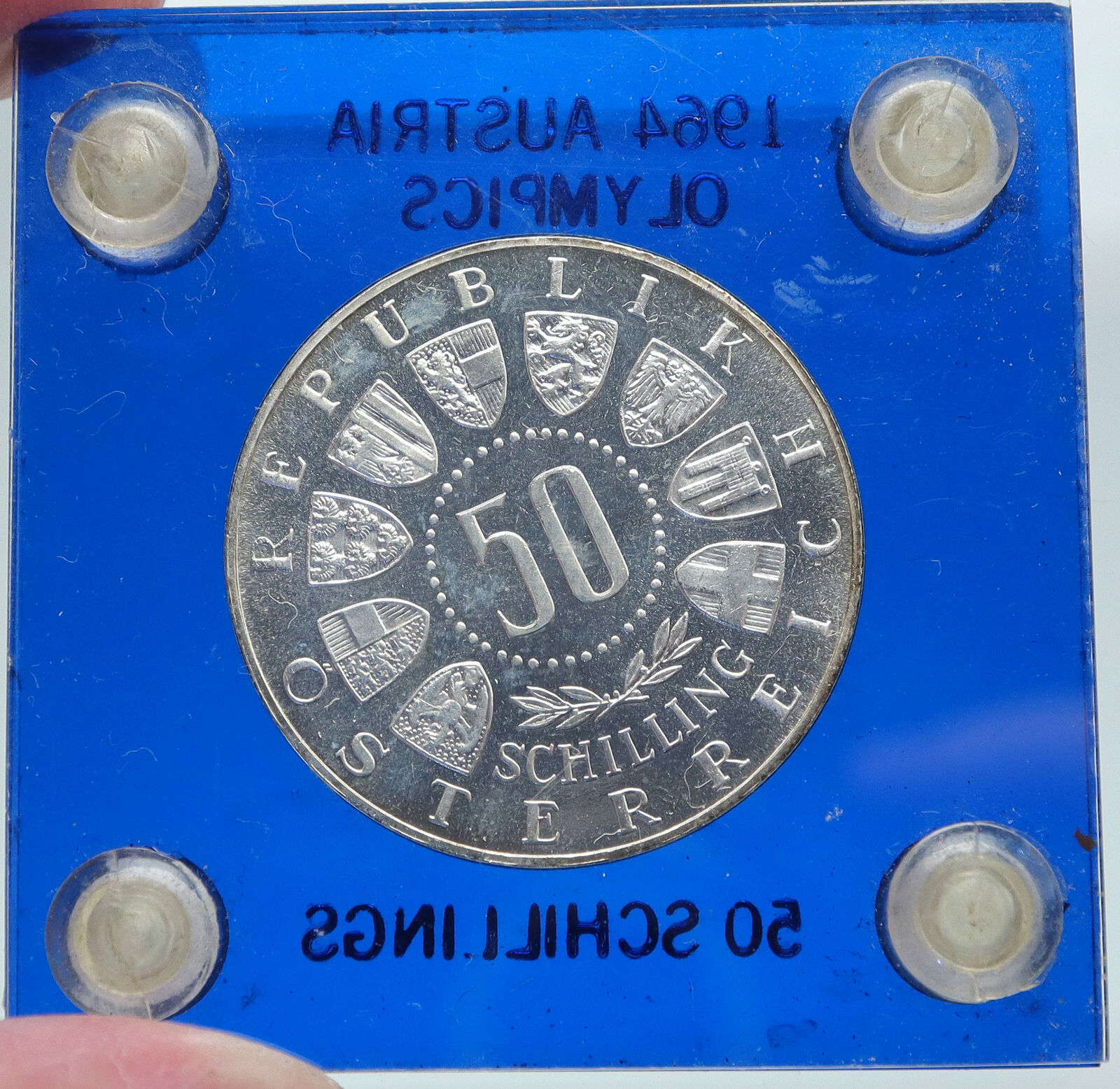 1964 AUSTRIA Innsbruck Winter Olympic Games SKIING OLD Silver 50Shlg Coin i86933