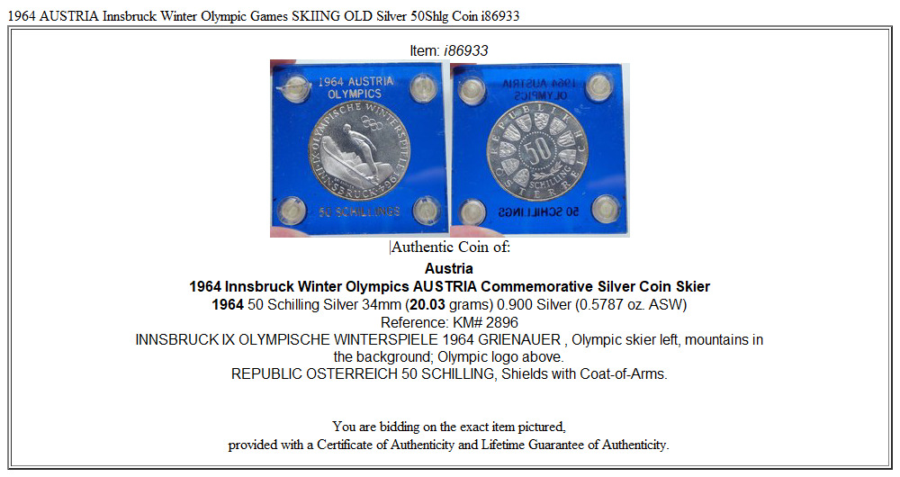 1964 AUSTRIA Innsbruck Winter Olympic Games SKIING OLD Silver 50Shlg Coin i86933