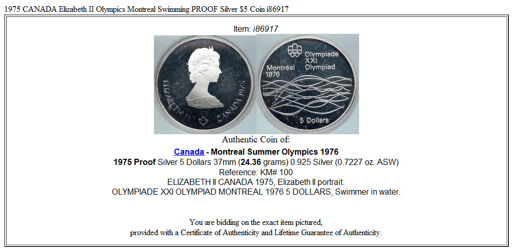 1975 CANADA Elizabeth II Olympics Montreal Swimming PROOF Silver $5 Coin i86917