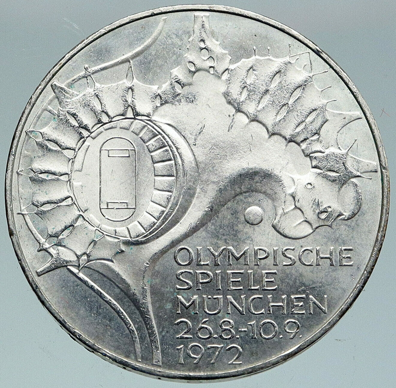 1972 Germany Munich Summer Olympics Stadium Genuine 10 Mark Silver Coin i86890