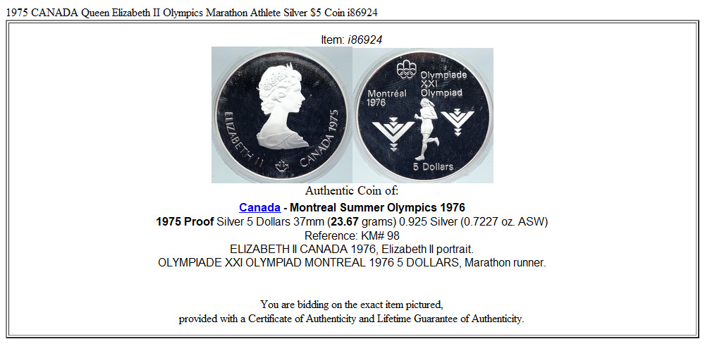 1975 CANADA Queen Elizabeth II Olympics Marathon Athlete Silver $5 Coin i86924