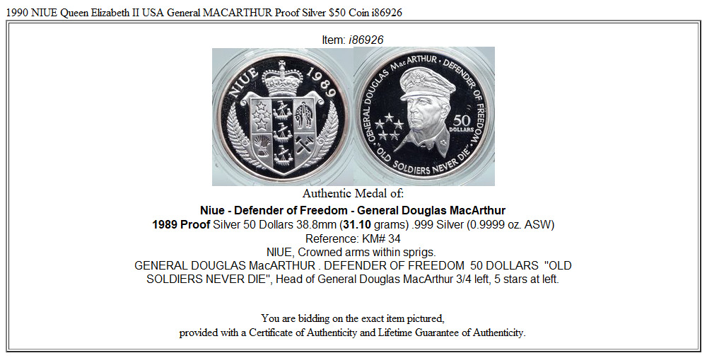 1990 NIUE Queen Elizabeth II USA General MACARTHUR Proof Silver $50 Coin i86926