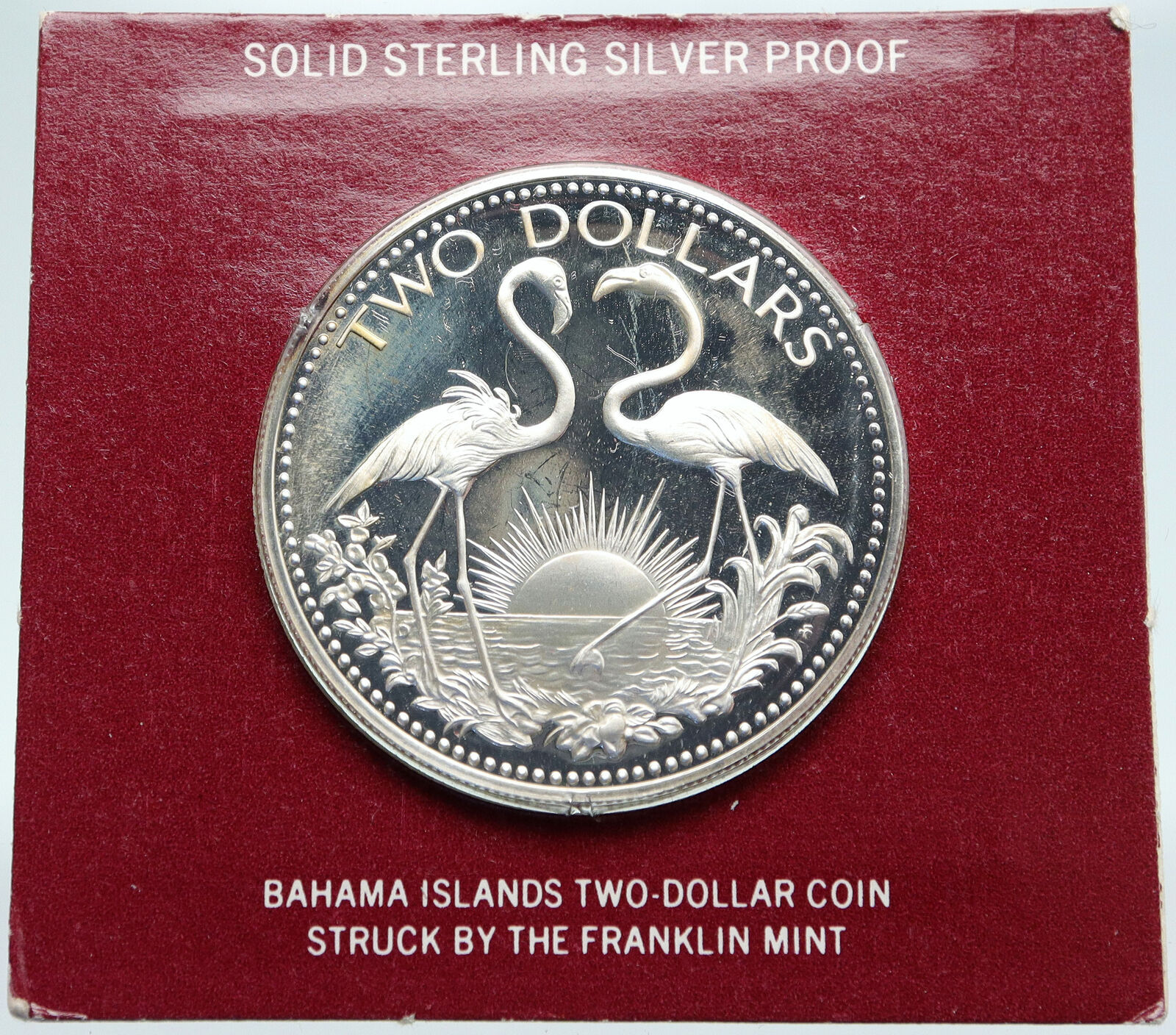 1975 The BAHAMAS Islands TWO FLAMINGOS Vintage Proof Silver 2 Dollar Coin i86914