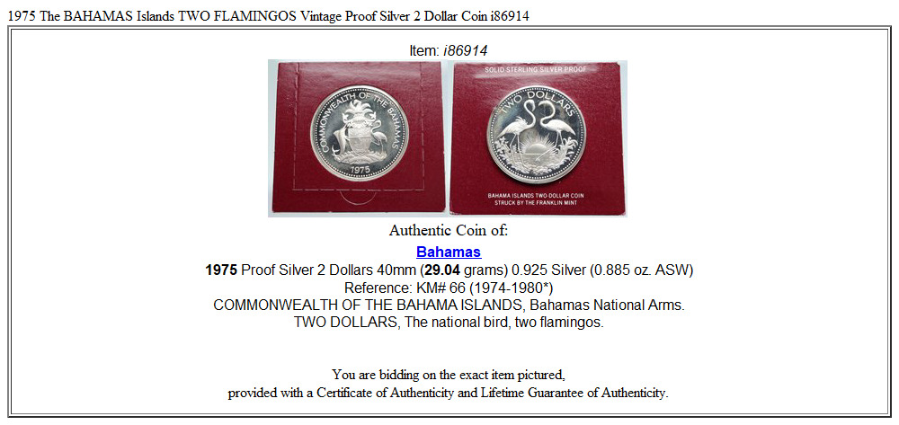 1975 The BAHAMAS Islands TWO FLAMINGOS Vintage Proof Silver 2 Dollar Coin i86914