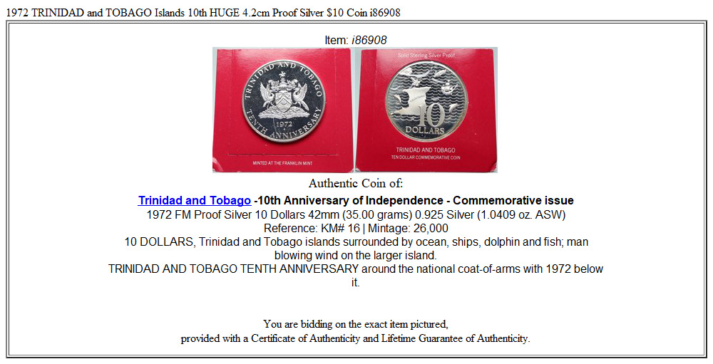 1972 TRINIDAD and TOBAGO Islands 10th HUGE 4.2cm Proof Silver $10 Coin i86908