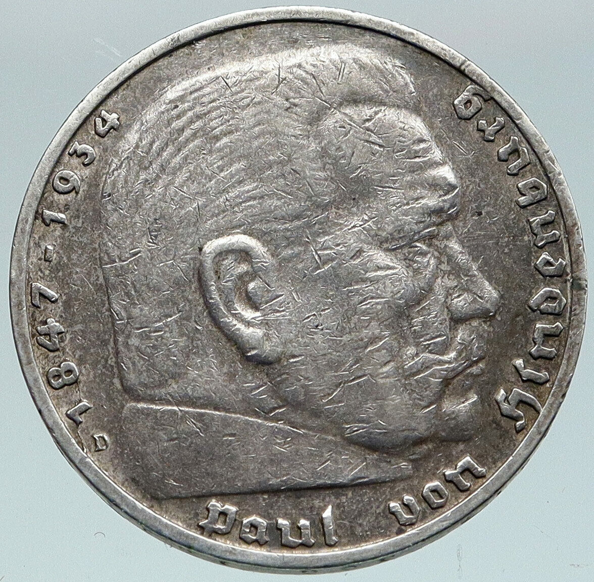 1935 Germany 2nd President Paul von Hindenburg Silver German 5 Marks Coin i86893