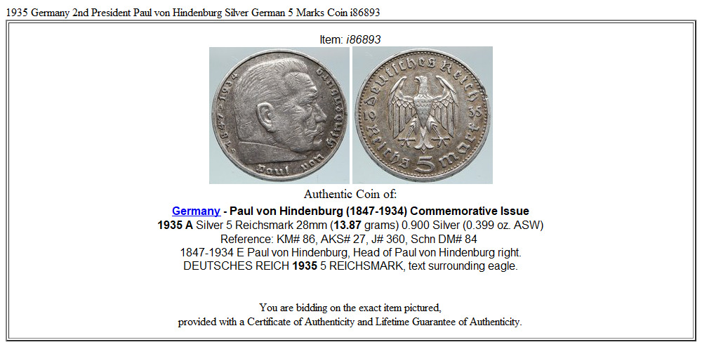 1935 Germany 2nd President Paul von Hindenburg Silver German 5 Marks Coin i86893