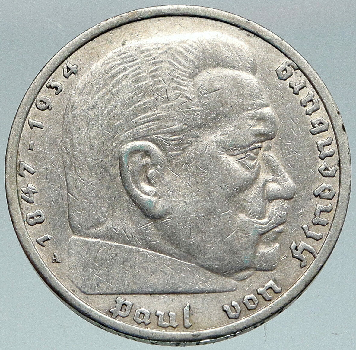 1935 Germany 2nd President Paul von Hindenburg Silver German 5 Marks Coin i86901