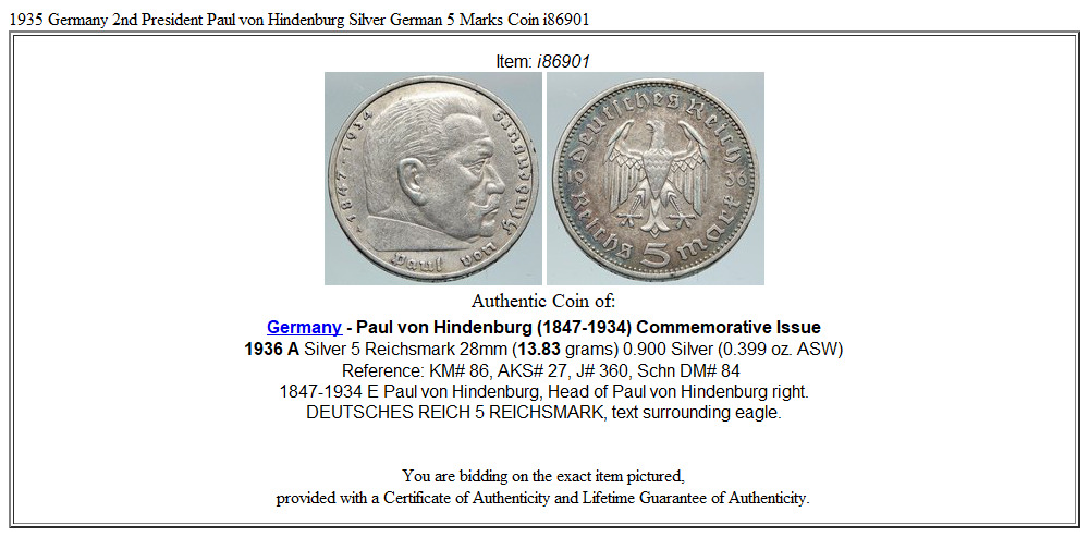 1935 Germany 2nd President Paul von Hindenburg Silver German 5 Marks Coin i86901