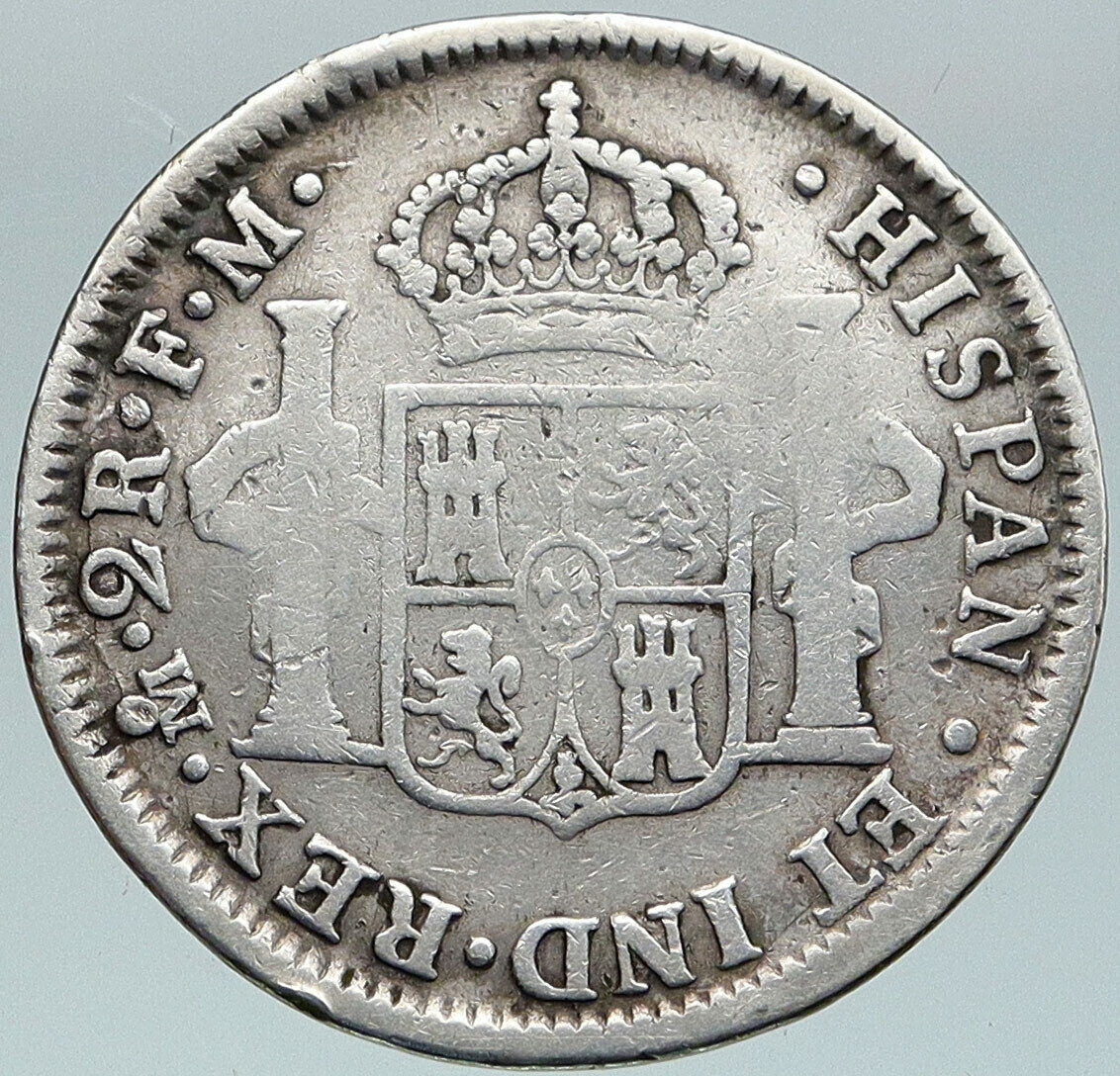 1788 MEXICO under SPAIN King CHARLES III Silver Antique 2 Reales OLD Coin i86896