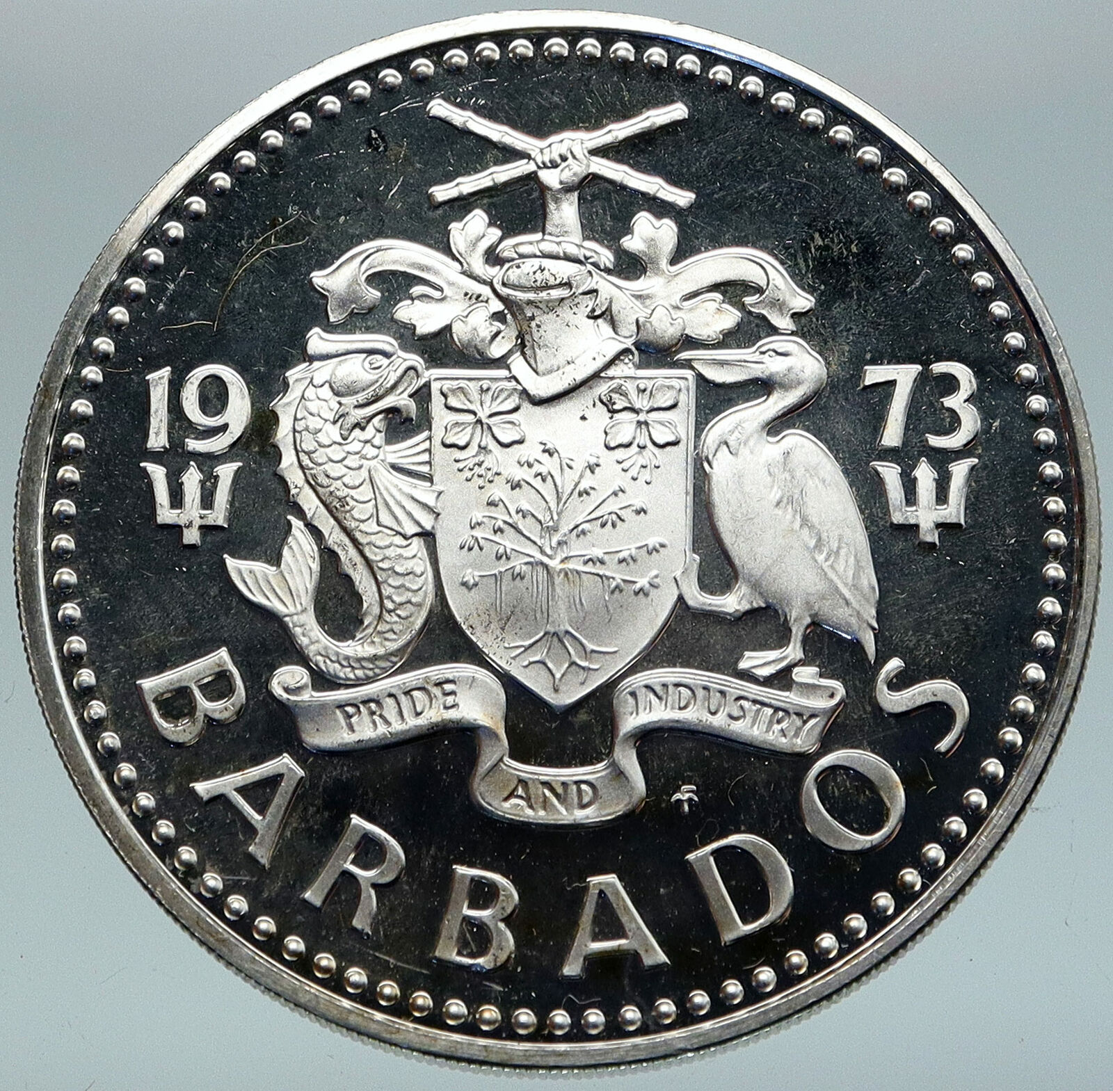1973 BARBADOS Trafalgar Fountain Arms VINTAGE PROOF Silver 5 Dollars Coin i86894
