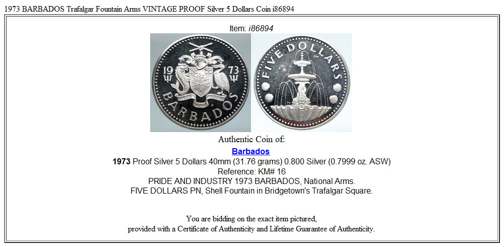 1973 BARBADOS Trafalgar Fountain Arms VINTAGE PROOF Silver 5 Dollars Coin i86894