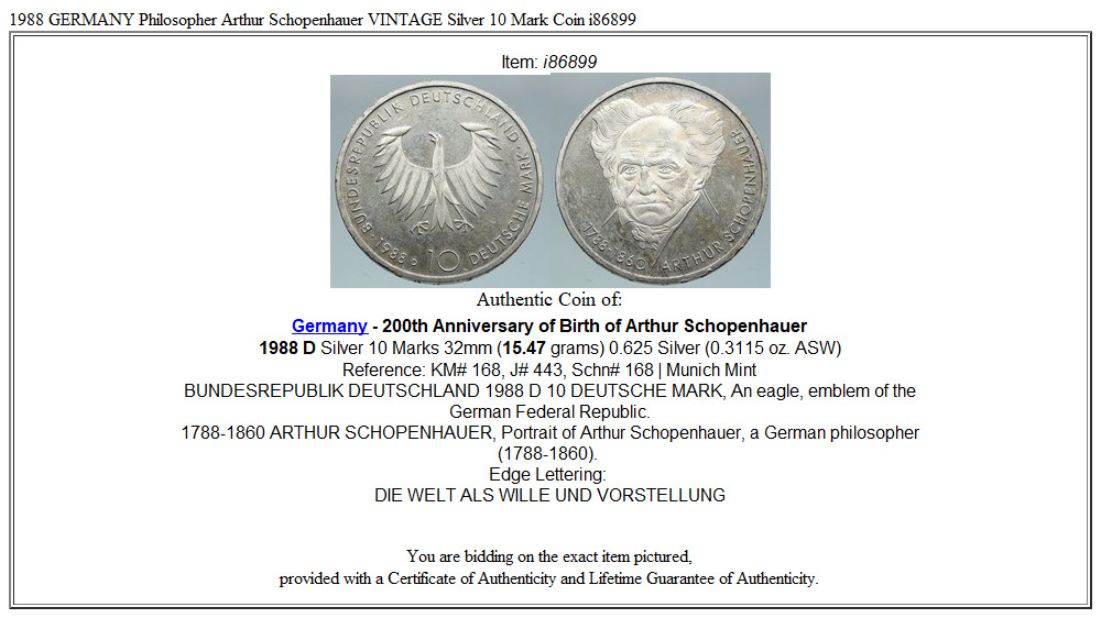 1988 GERMANY Philosopher Arthur Schopenhauer VINTAGE Silver 10 Mark Coin i86899