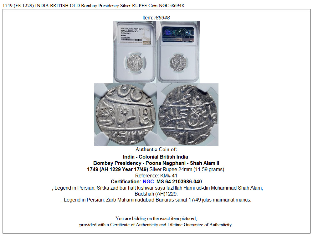 1749 (FE 1229) INDIA BRITISH OLD Bombay Presidency Silver RUPEE Coin NGC i86948