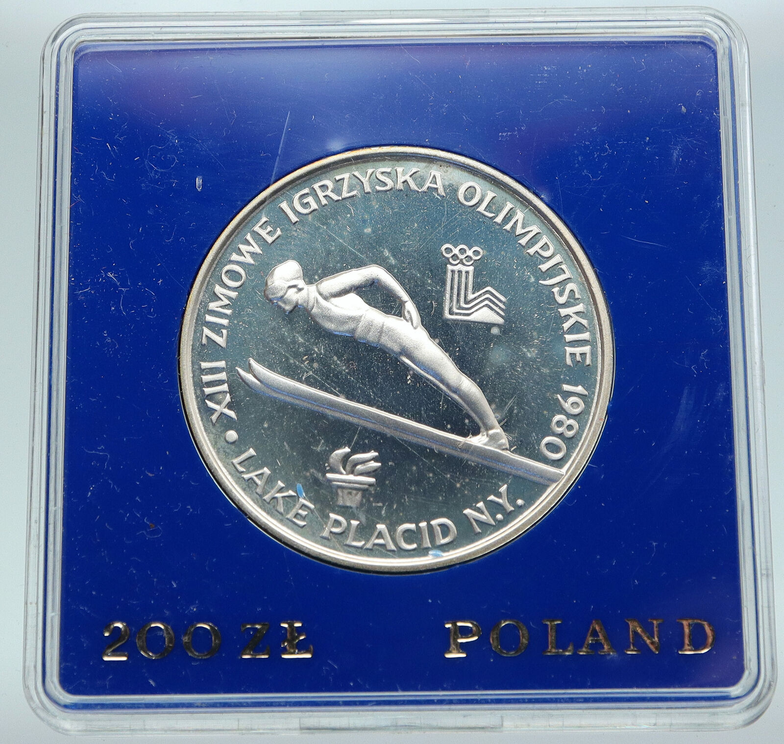 1980 POLAND WINTER OLYMPICS LAKE PLACID Ski Jump Proof Silver 200 Zl Coin i87002