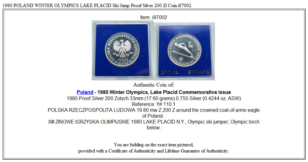 1980 POLAND WINTER OLYMPICS LAKE PLACID Ski Jump Proof Silver 200 Zl Coin i87002