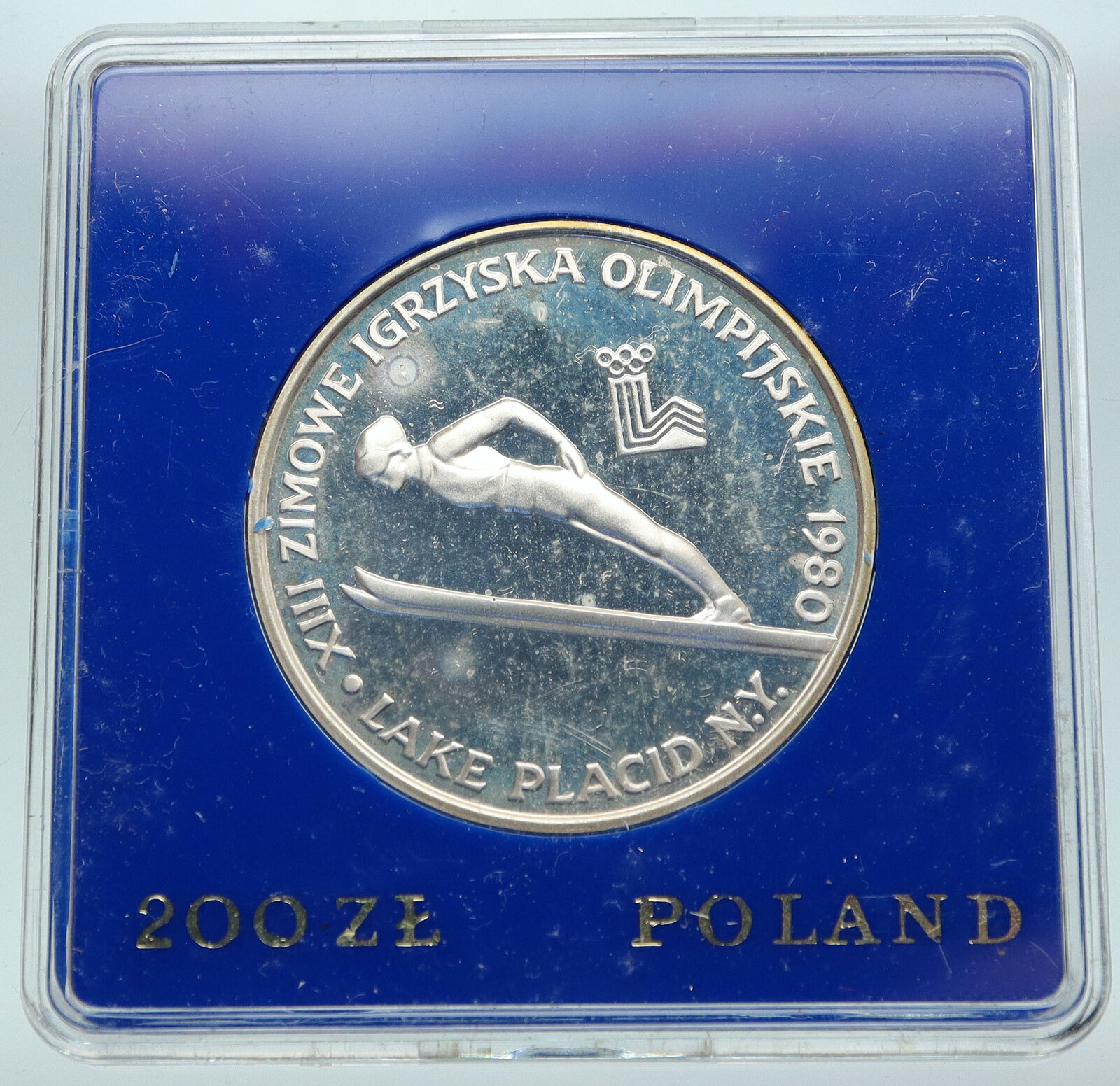 1980 POLAND WINTER OLYMPICS LAKE PLACID Ski Jump Proof Silver 200 Zl Coin i87004