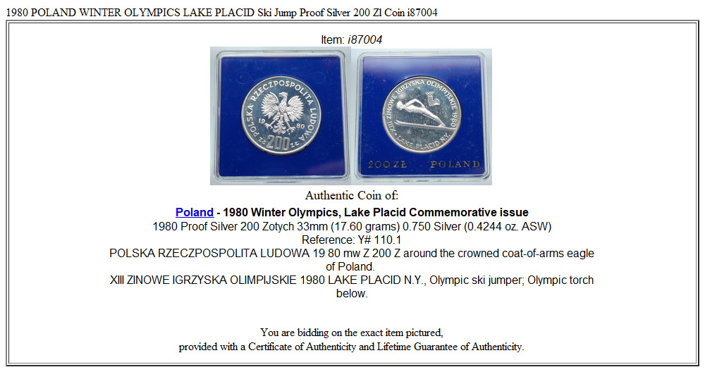 1980 POLAND WINTER OLYMPICS LAKE PLACID Ski Jump Proof Silver 200 Zl Coin i87004