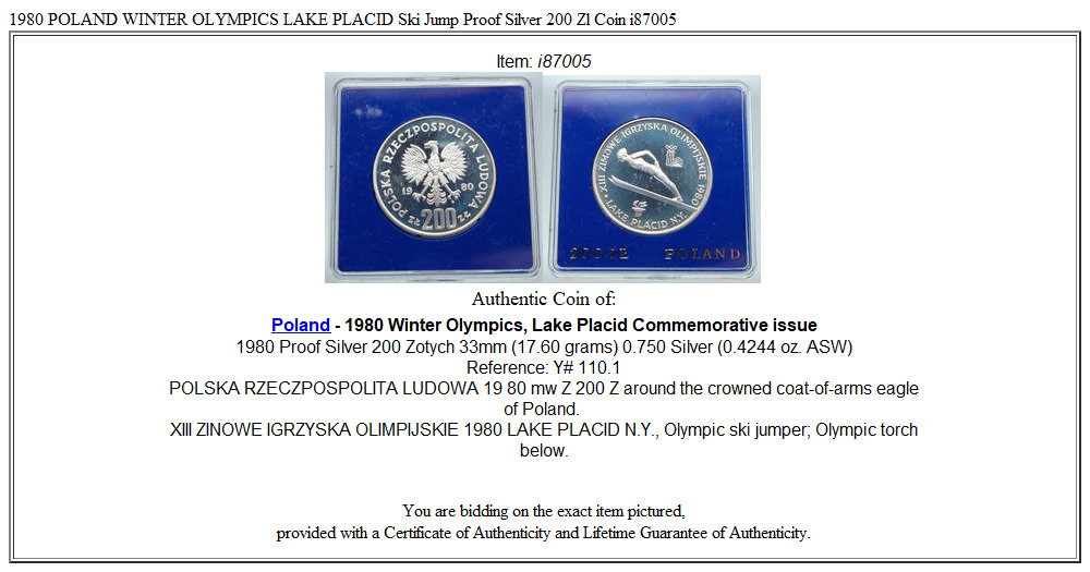 1980 POLAND WINTER OLYMPICS LAKE PLACID Ski Jump Proof Silver 200 Zl Coin i87005