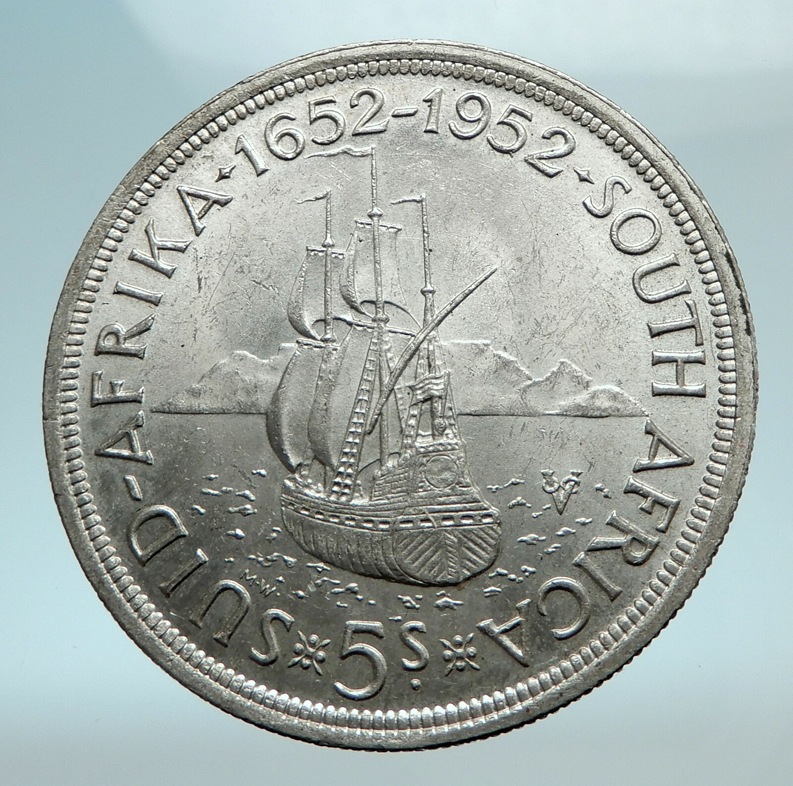 1952 SOUTH AFRICA 300th Cape Town Riebeeck w SHIP Silver 5 Shillings Coin i78579