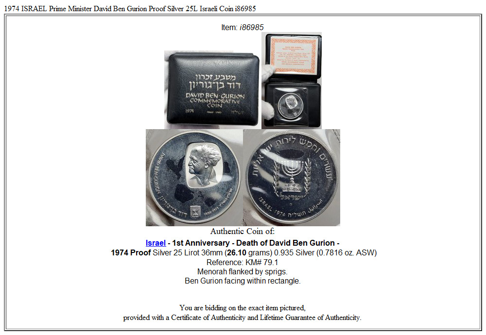 1974 ISRAEL Prime Minister David Ben Gurion Proof Silver 25L Israeli Coin i86985