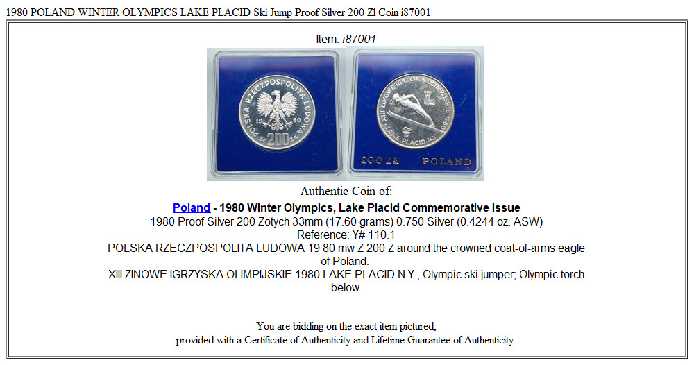 1980 POLAND WINTER OLYMPICS LAKE PLACID Ski Jump Proof Silver 200 Zl Coin i87001