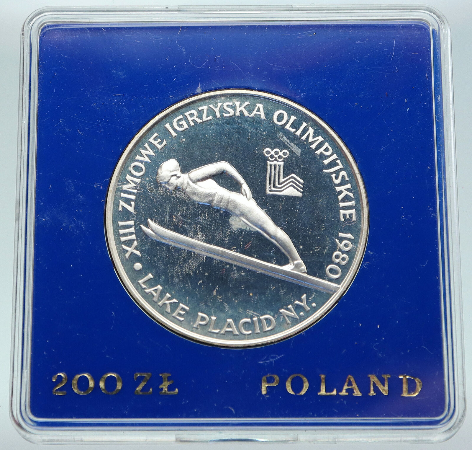 1980 POLAND WINTER OLYMPICS LAKE PLACID Ski Jump Proof Silver 200 Zl Coin i87003