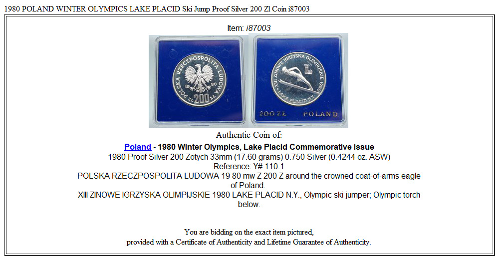 1980 POLAND WINTER OLYMPICS LAKE PLACID Ski Jump Proof Silver 200 Zl Coin i87003