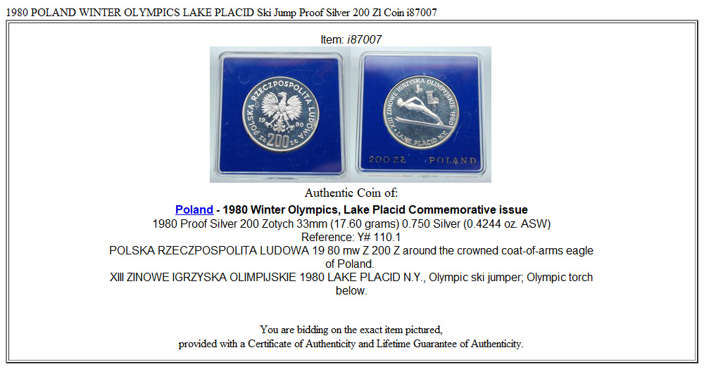 1980 POLAND WINTER OLYMPICS LAKE PLACID Ski Jump Proof Silver 200 Zl Coin i87007