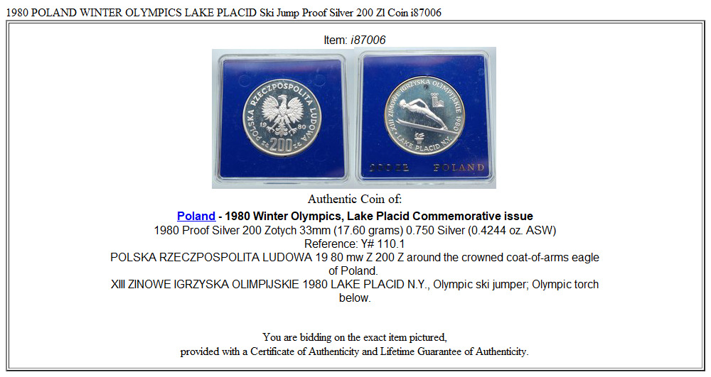 1980 POLAND WINTER OLYMPICS LAKE PLACID Ski Jump Proof Silver 200 Zl Coin i87006