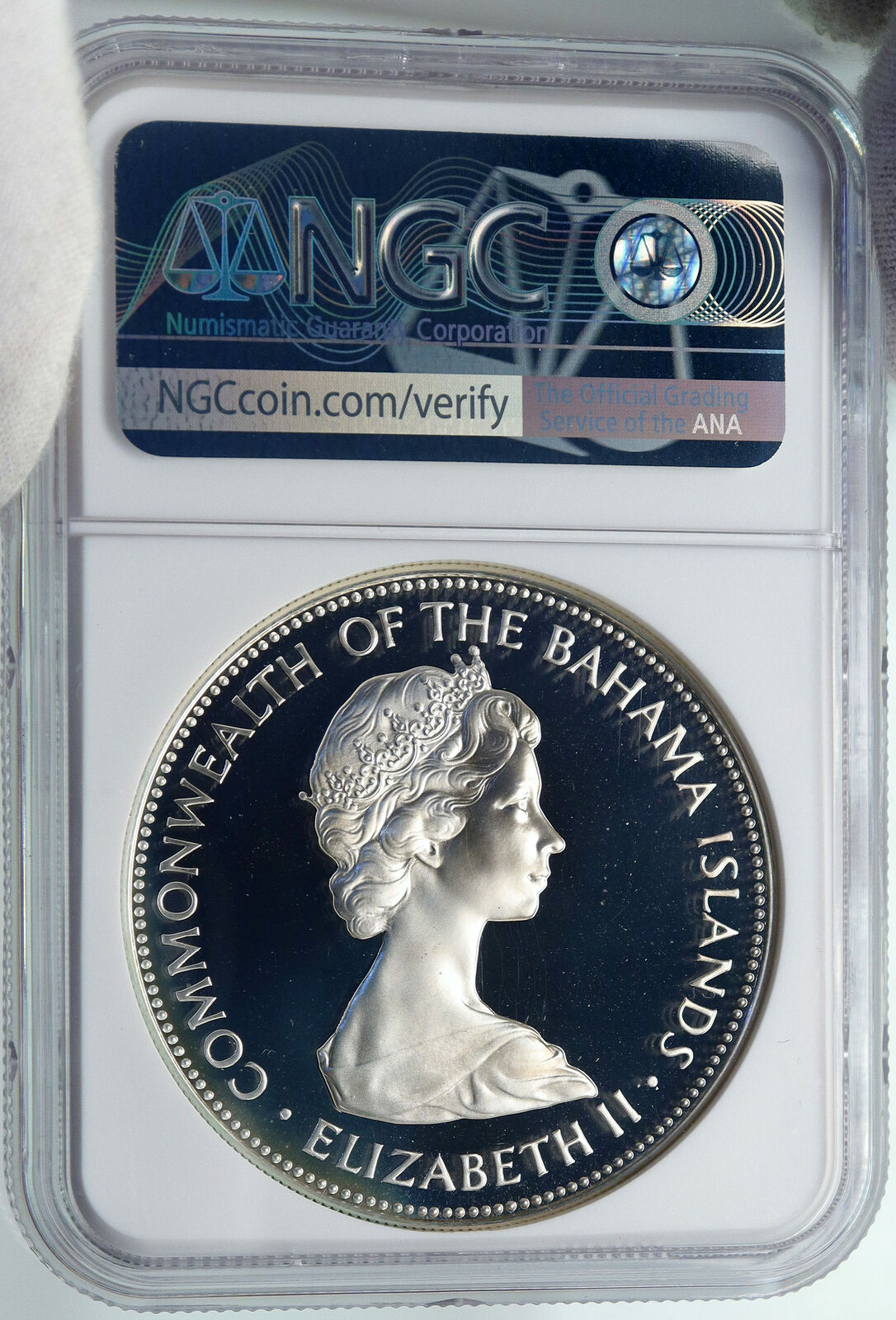 1973 BAHAMAS Elizabeth II PIRATE DEFEAT MOTTO Proof Silver $5 Coin NGC i86976