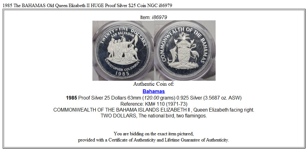 1985 The BAHAMAS Old Queen Elizabeth II HUGE Proof Silver $25 Coin NGC i86979