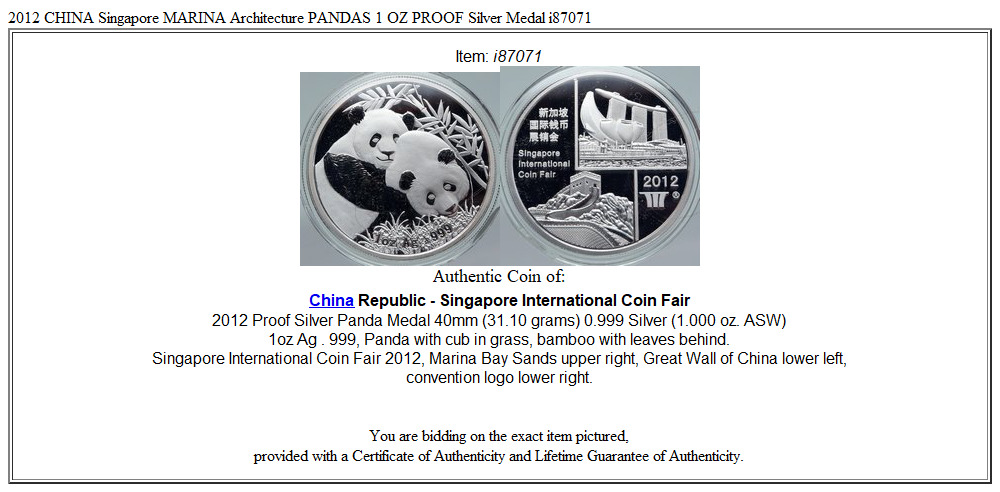 2012 CHINA Singapore MARINA Architecture PANDAS 1 OZ PROOF Silver Medal i87071