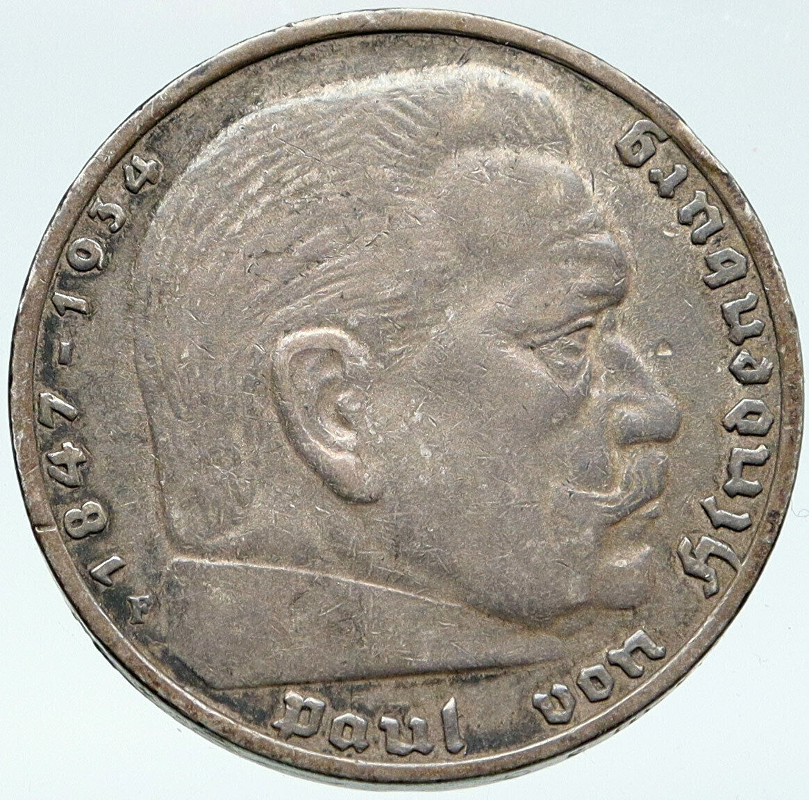 1936 Germany 2nd President Paul von Hindenburg Silver German 5 Marks Coin i87075