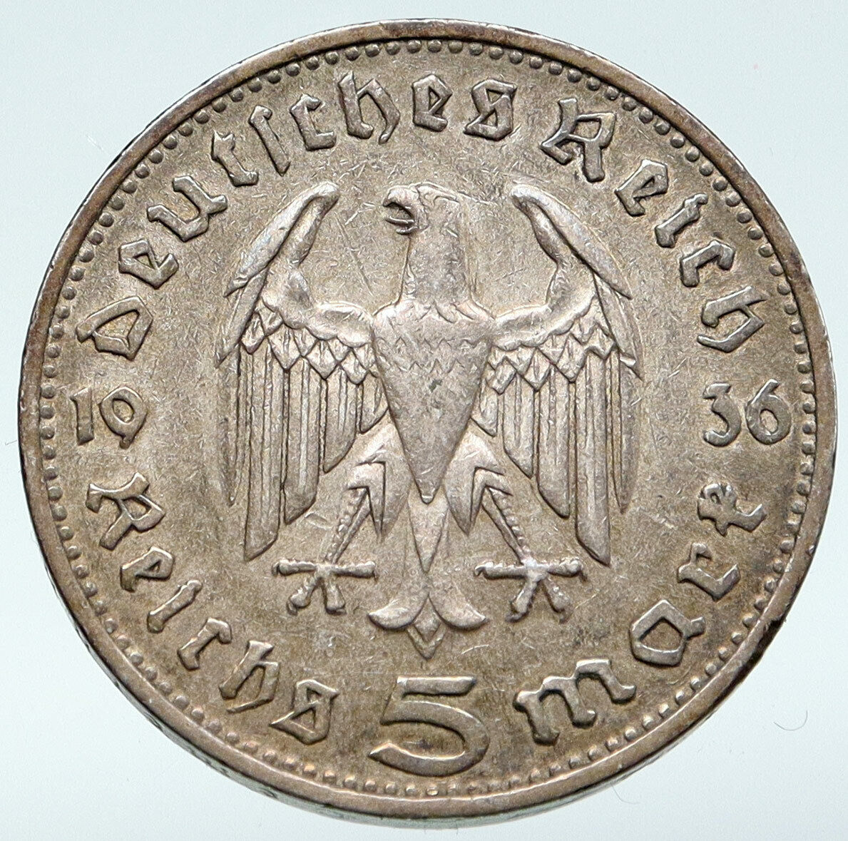 1936 Germany 2nd President Paul von Hindenburg Silver German 5 Marks Coin i87075