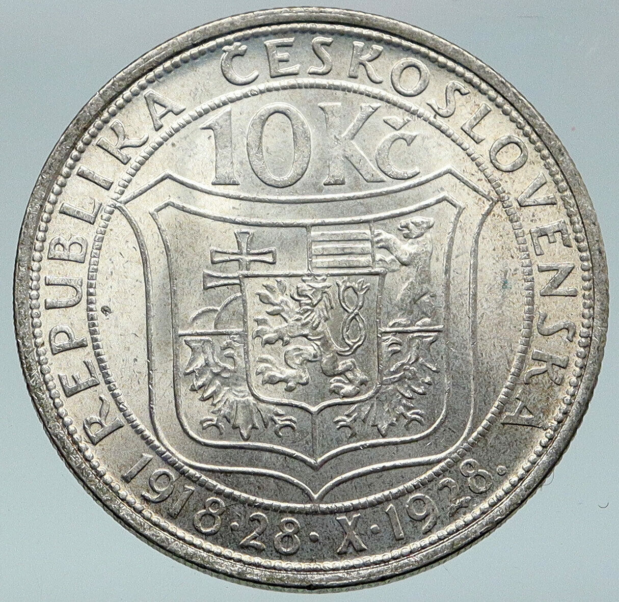 1928 CZECHOSLOVAKIA President Masaryk Genuine Silver 10 Korun Coin i87083