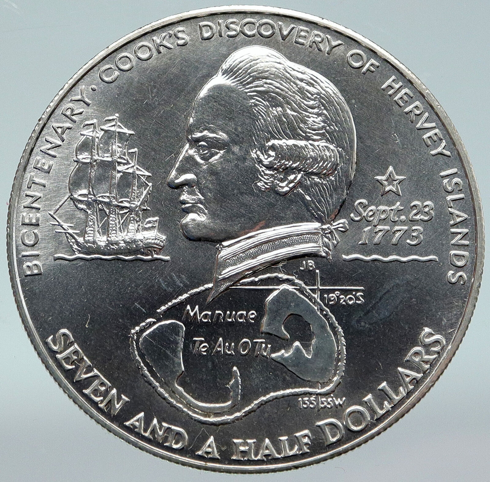1974 COOK ISLANDS Elizabeth II James Cook Proof Silver 7.5 Dollar Coin i87084