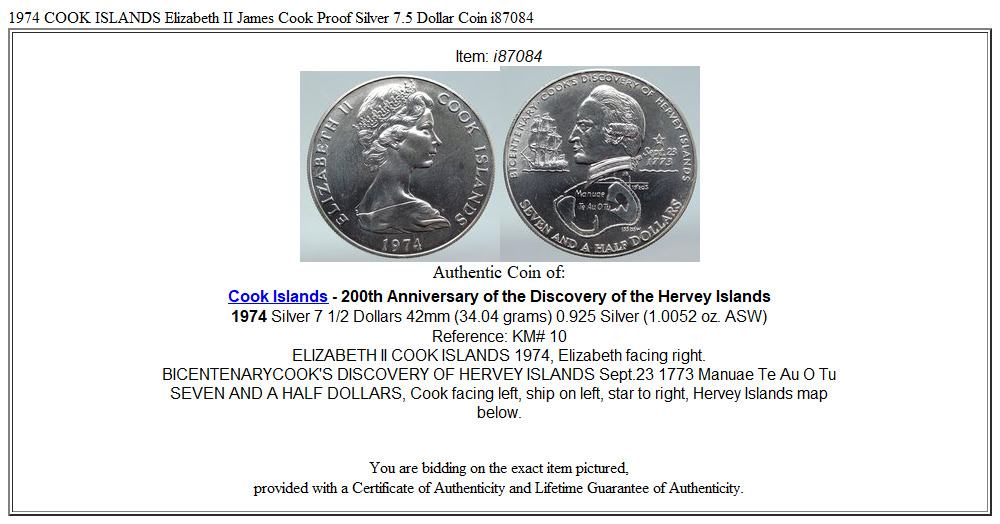 1974 COOK ISLANDS Elizabeth II James Cook Proof Silver 7.5 Dollar Coin i87084