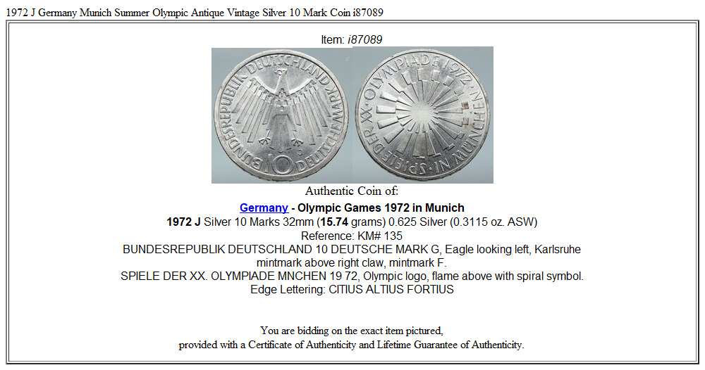 1972 J Germany Munich Summer Olympic Antique Vintage Silver 10 Mark Coin i87089