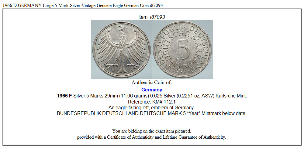 1966 D GERMANY Large 5 Mark Silver Vintage Genuine Eagle German Coin i87093