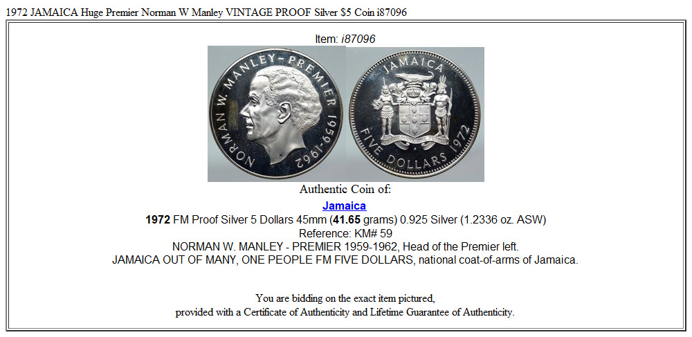 1972 JAMAICA Huge Premier Norman W Manley VINTAGE PROOF Silver $5 Coin i87096