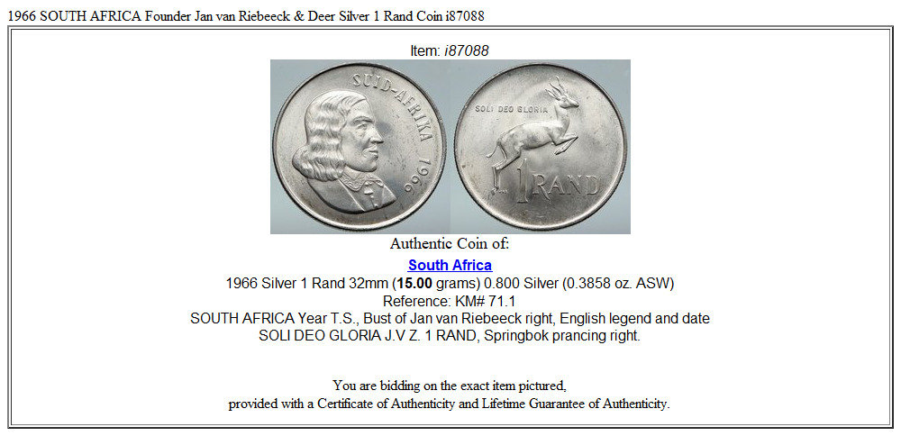 1966 SOUTH AFRICA Founder Jan van Riebeeck & Deer Silver 1 Rand Coin i87088