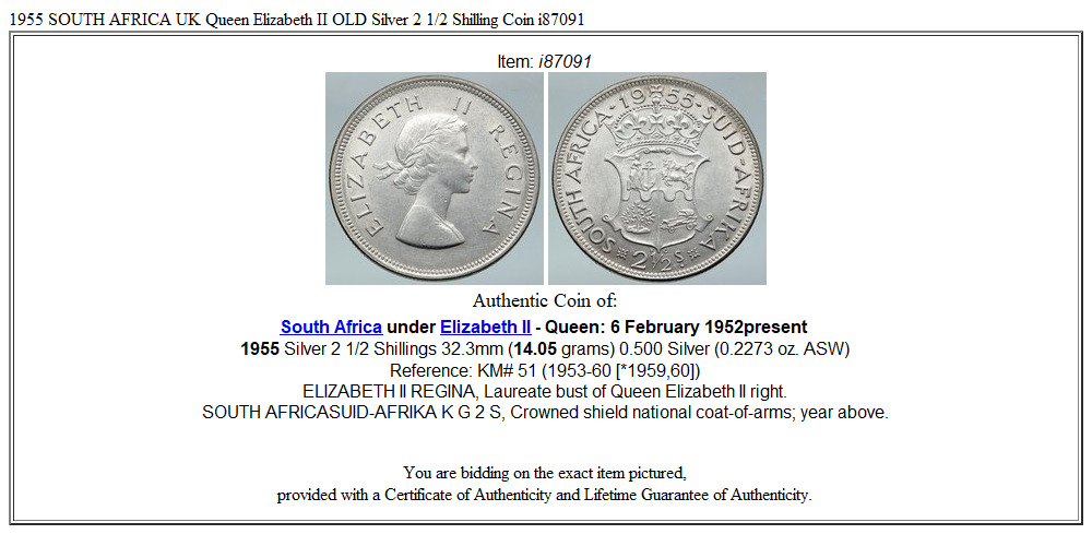 1955 SOUTH AFRICA UK Queen Elizabeth II OLD Silver 2 1/2 Shilling Coin i87091