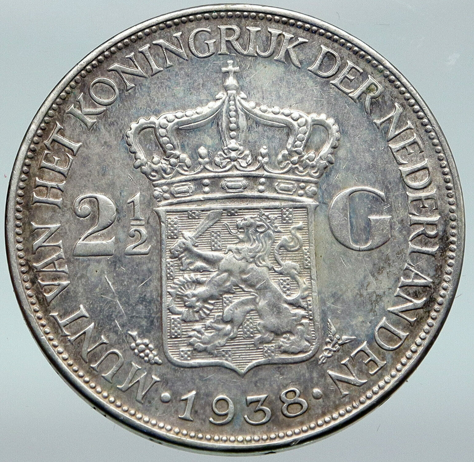 1938 NETHERLANDS Kingdom QUEEN WILHELMINA Old Silver 2 1/2 Gulden Coin i87090