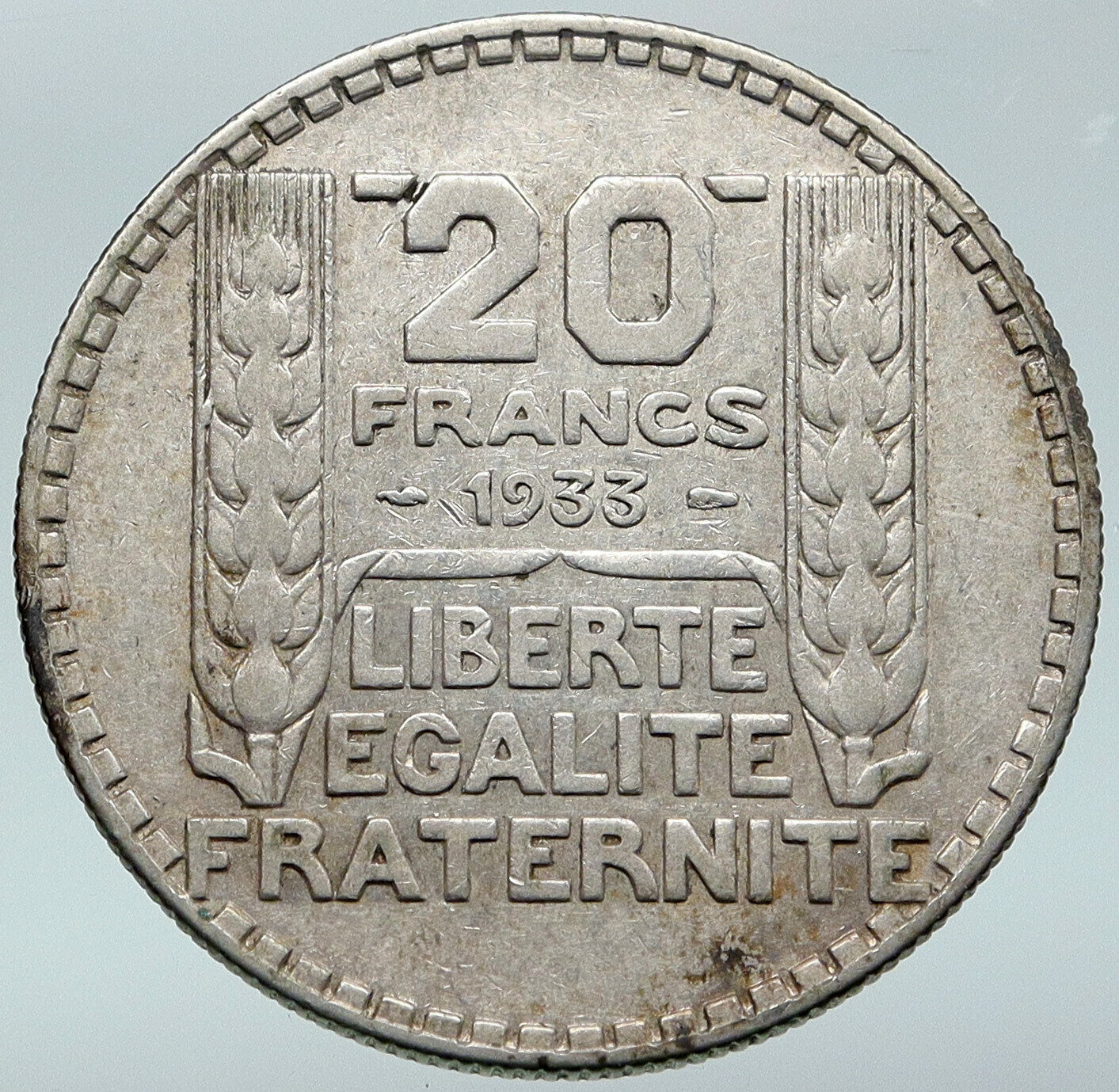 1933 FRANCE Authentic Large Silver 20 Francs Vintage French MOTTO Coin i87095