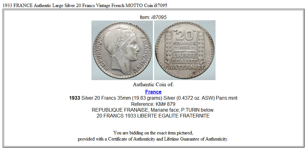 1933 FRANCE Authentic Large Silver 20 Francs Vintage French MOTTO Coin i87095