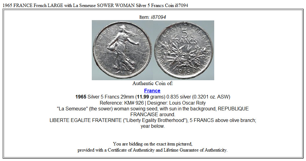 1965 FRANCE French LARGE with La Semeuse SOWER WOMAN Silver 5 Francs Coin i87094