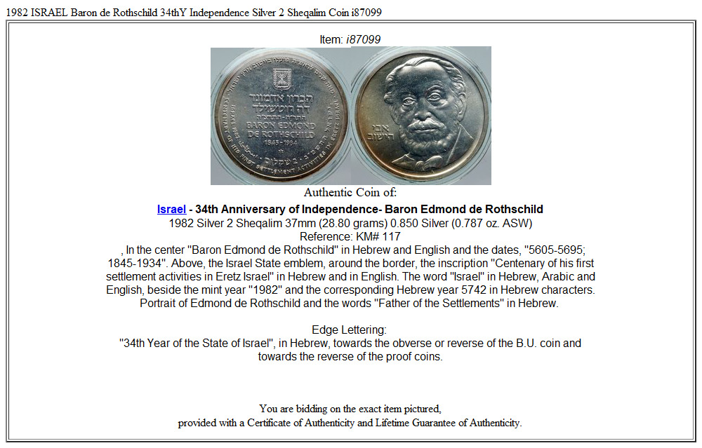 1982 ISRAEL Baron de Rothschild 34thY Independence Silver 2 Sheqalim Coin i87099